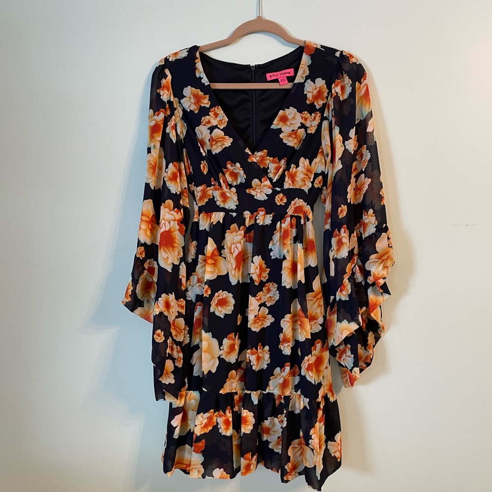 🎈SOLD Betsey Johnson Navy Floral Tie Waist Dress - Picture 1 of 11
